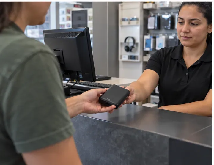 Uma consumidora entrega um power bank intacto a uma atendente em um balcão de recebimento de eletroeletrônicos