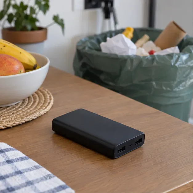 Power bank preto desligado e separado do lixo comum sobre uma mesa