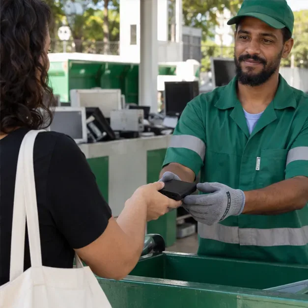 Funcionário de um ponto de reciclagem recebe um power bank intacto de uma visitante
