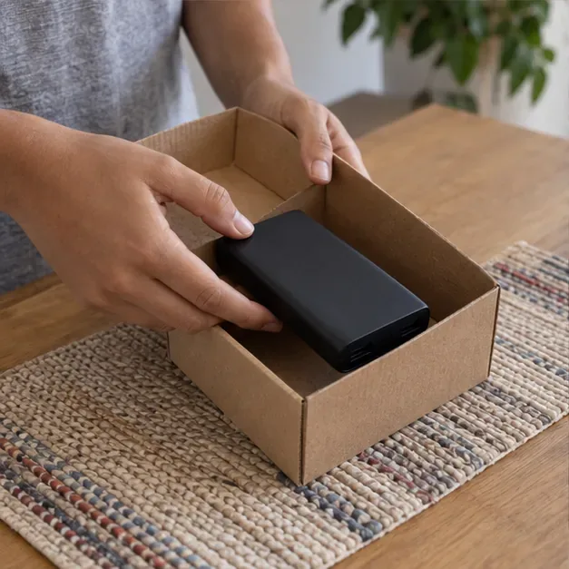 Power bank intacto sendo colocado em uma caixa rígida para transporte curto