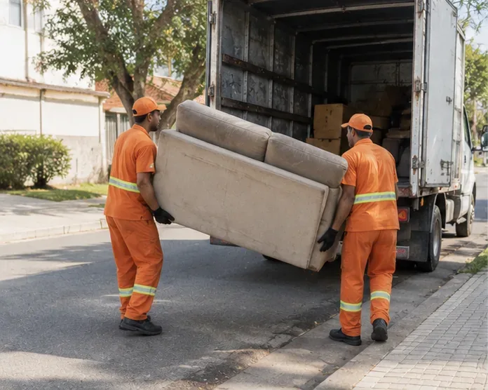 Dois trabalhadores carregam um sofá usado para um caminhão de coleta de objetos volumosos em uma rua residencial.