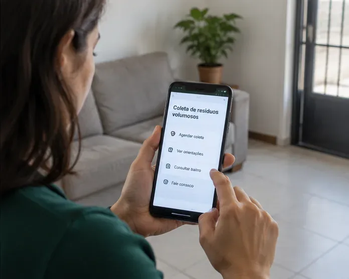 Uma pessoa consulta no celular informações sobre coleta de resíduos volumosos antes de retirar um sofá de casa.