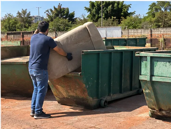 Pessoa colocando um sofá usado na área destinada a resíduos volumosos