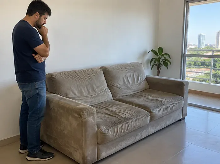Pessoa avaliando um sofá usado dentro de uma sala antes de decidir o descarte