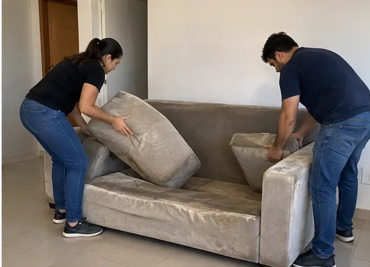 Duas pessoas retirando almofadas de um sofá para facilitar a movimentação
