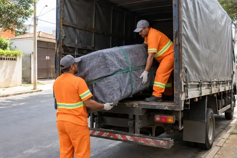 Dois trabalhadores usando uniforme e luvas carregando um sofá coberto para dentro de um caminhão sem logotipo