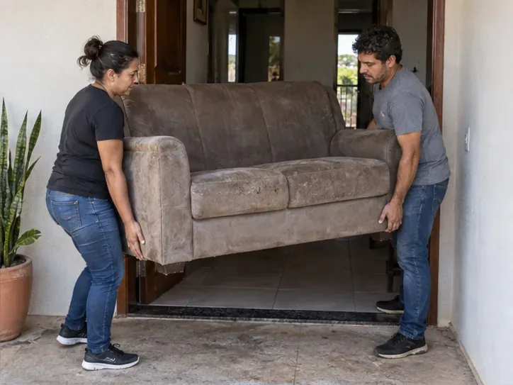 Duas pessoas levantam juntas um sofá pela porta de uma casa, mantendo o caminho livre.