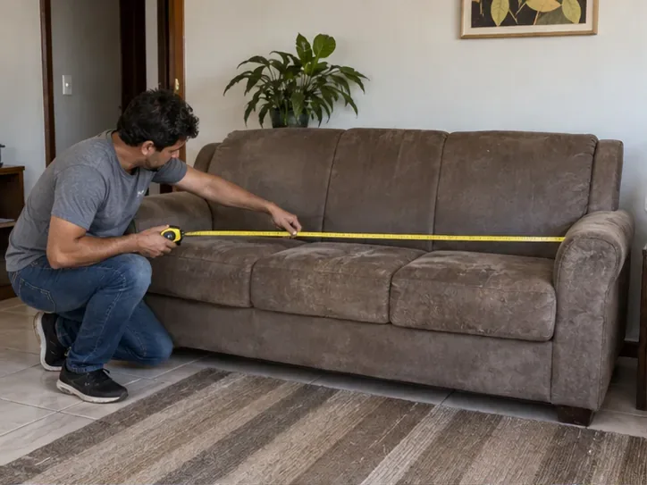 Uma pessoa mede o comprimento de um sofá usado com uma fita métrica em uma sala.