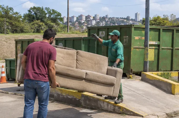 Morador entrega um sofá usado em área de recebimento com caçambas e funcionário orientando