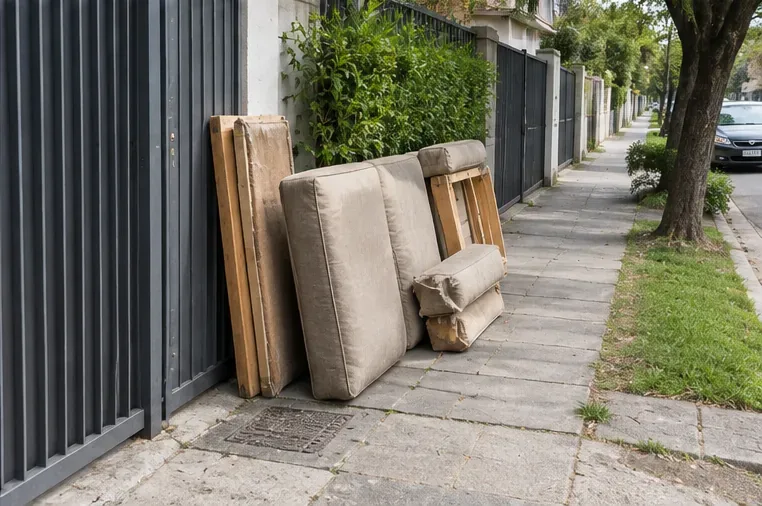 Partes de um sofá desmontado ocupando grande parte de uma calçada em frente a um imóvel, exemplo de disposição que deve ser evitada