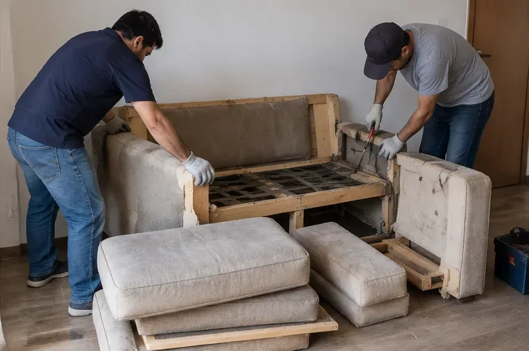 Duas pessoas desmontando um sofá gasto e separando almofadas, braços e estrutura de madeira