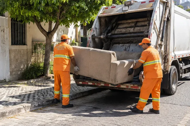 Dois trabalhadores de limpeza urbana colocando um sofá usado na traseira de um caminhão de coleta em uma rua residencial