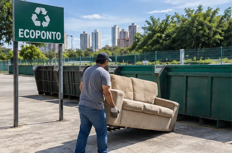 Homem levando um sofá usado para a área de caçambas de um Ecoponto em um dia ensolarado