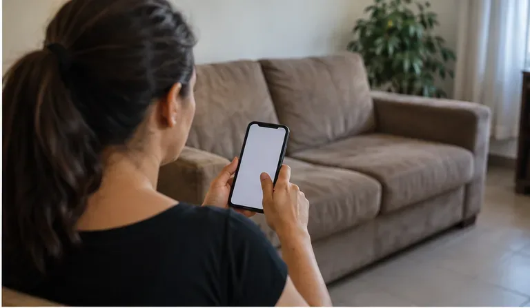 Moradora usa o celular ao lado de um sofá para organizar a coleta do móvel