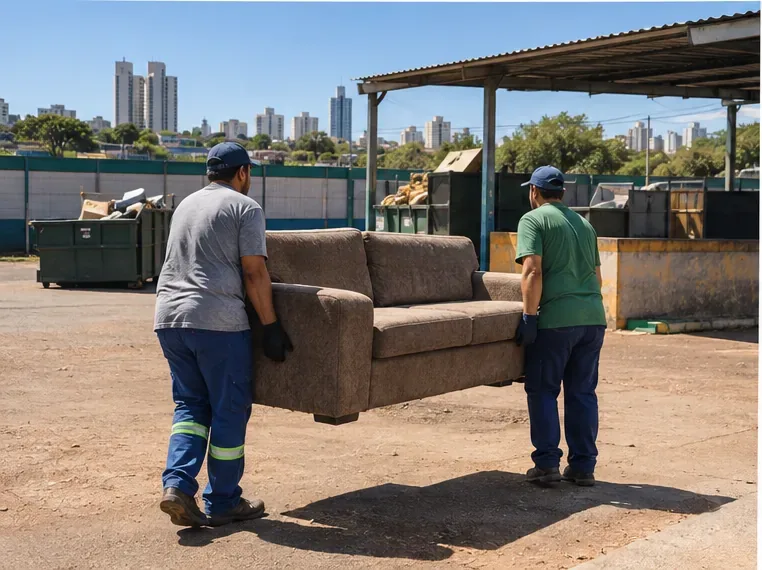 Duas pessoas transportam um sofá usado dentro de uma área de recebimento de resíduos volumosos