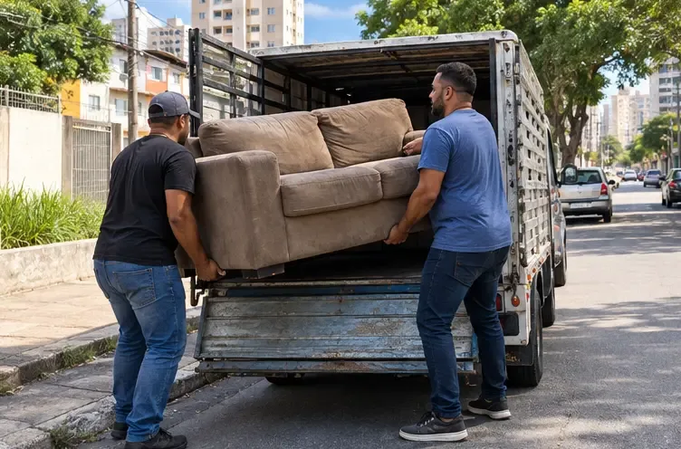 Duas pessoas colocam um sofá em um veículo utilitário para levá-lo a um local de destinação.