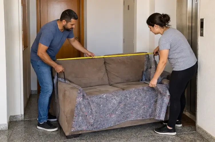 Duas pessoas medem um sofá junto à porta do apartamento para verificar se ele passa pelo corredor.