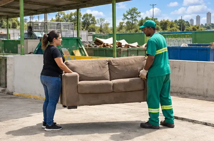 Moradora e funcionário movimentam um sofá dentro de uma área municipal de recebimento de resíduos, junto a contêineres separados.