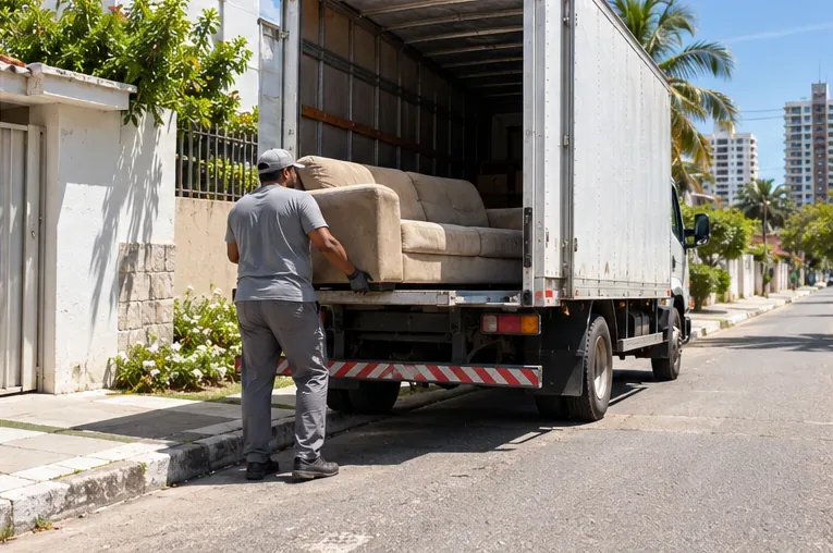 Trabalhador coloca um sofá dentro de um caminhão-baú estacionado junto à residência