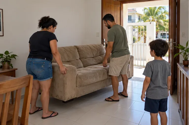 Duas pessoas organizam a passagem para mover um sofá pela sala em direção à porta
