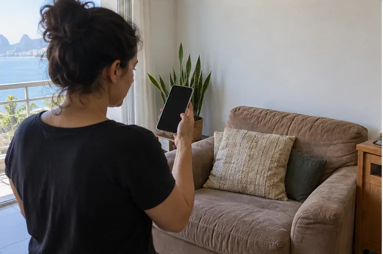Moradora segura um celular ao lado do sofá enquanto prepara a solicitação de coleta de volumosos