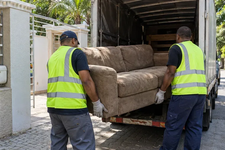 Dois trabalhadores com coletes refletores carregam um sofá pela entrada de uma residência em direção a um caminhão