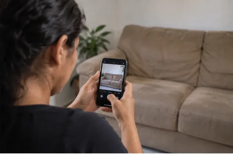 Mulher fotografa um sofá usado com o celular para registrar o objeto antes do agendamento.