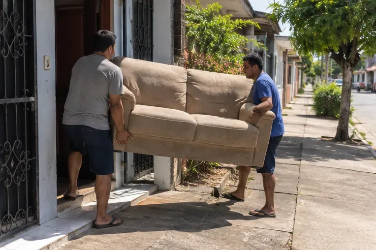 Duas pessoas carregam um sofá bege para fora de uma residência em uma rua arborizada.