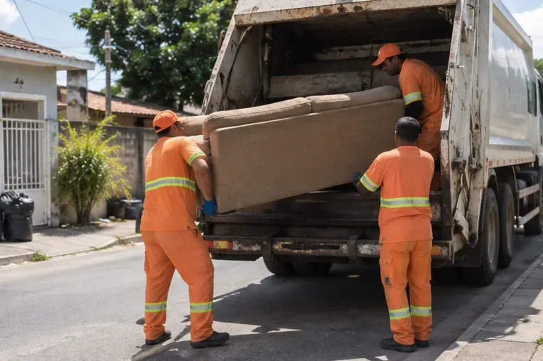Trabalhadores de limpeza urbana colocam um sofá na traseira de um caminhão de coleta.