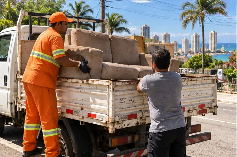 Trabalhador de limpeza urbana e morador colocam partes de um sofá usado na carroceria de um caminhão