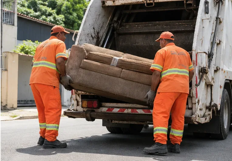 Dois trabalhadores de limpeza urbana carregando um sofá usado para um caminhão de coleta