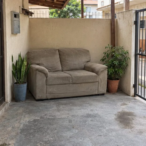 Sofá usado organizado em uma área coberta e privada, afastado da calçada e da rua.