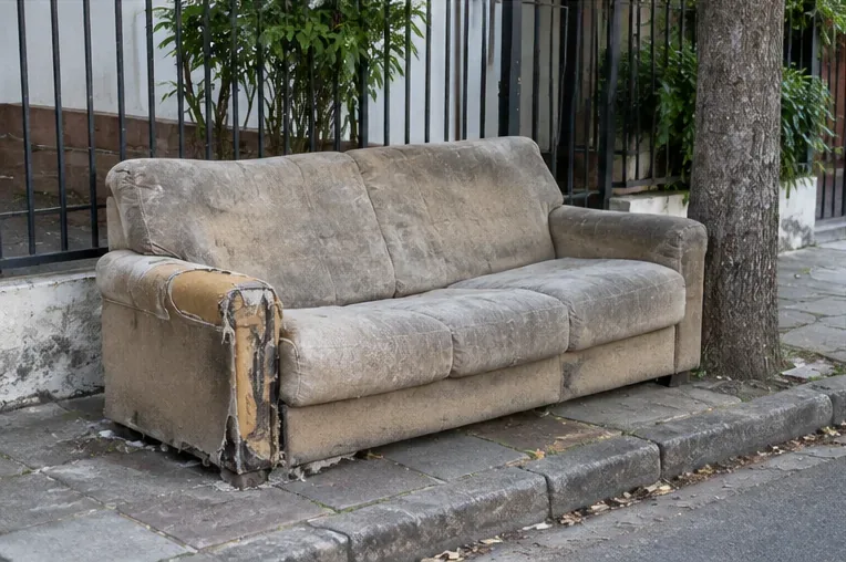 Sofá muito desgastado abandonado junto ao meio-fio em uma calçada urbana