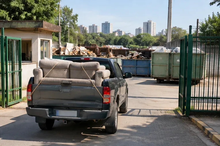 Sofá preso na carroceria de uma caminhonete entrando em uma área de recebimento de resíduos volumosos
