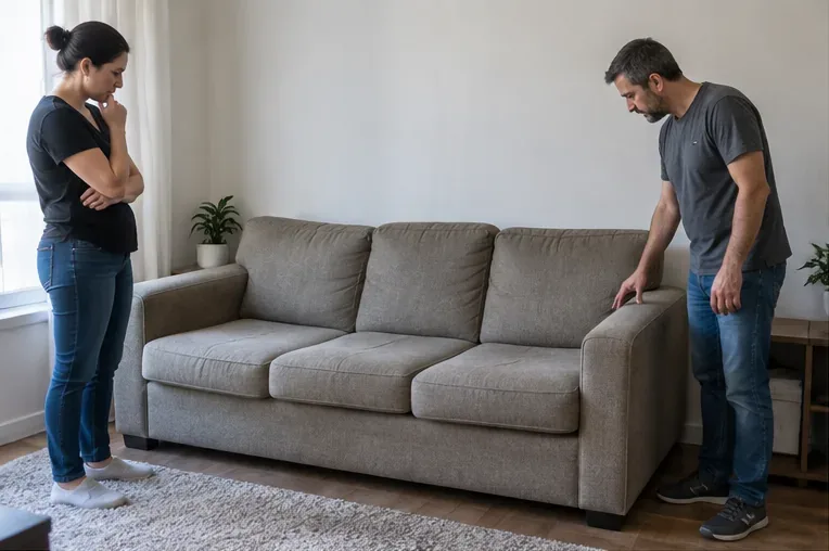 Duas pessoas avaliando um sofá de três lugares dentro de um apartamento antes de decidir entre reutilização e descarte