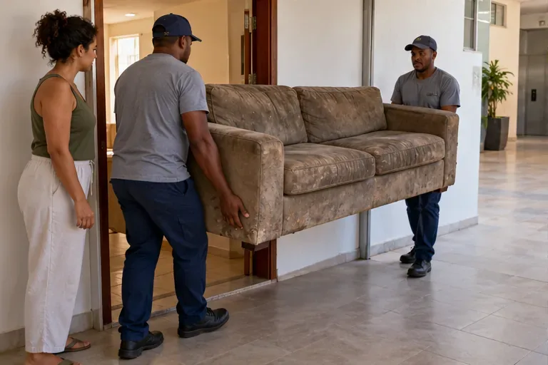 Dois transportadores levam um sofá pela porta do prédio com cuidado
