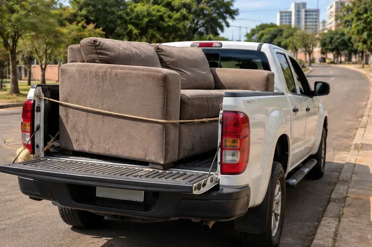 Sofá usado acomodado e preso na carroceria de uma caminhonete para transporte