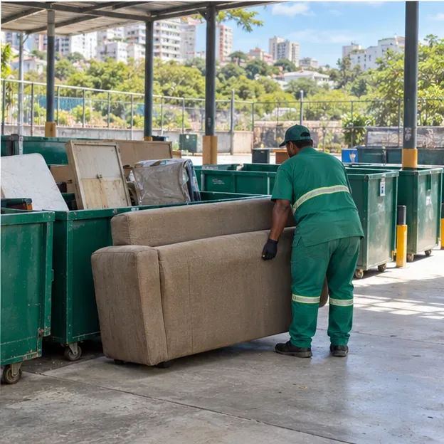 Trabalhador conduz um sofá até a área de resíduos volumosos de um ponto de entrega urbano organizado, com contêineres separados.