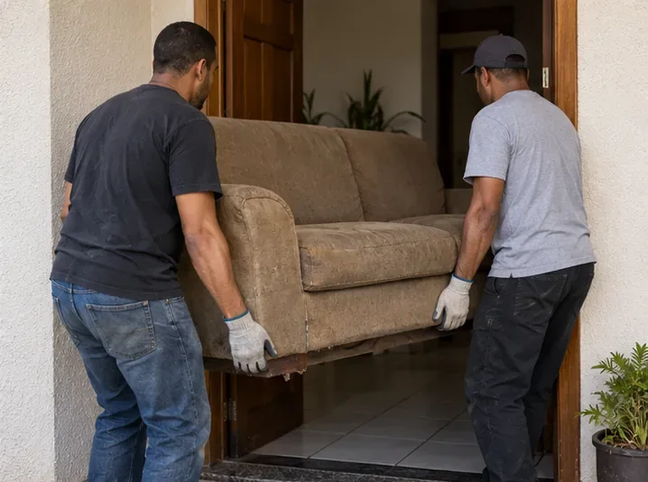 Duas pessoas usando luvas retirando um sofá usado por uma porta