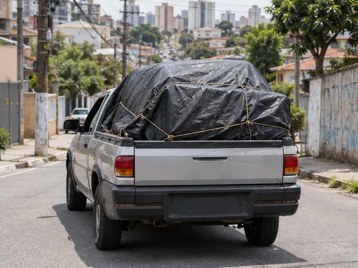 Sofá usado coberto e preso com cordas na carroceria de uma caminhonete