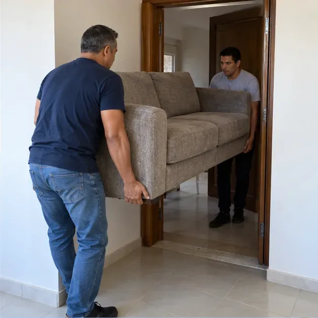 Duas pessoas transportam um sofá com cuidado por uma porta larga de apartamento