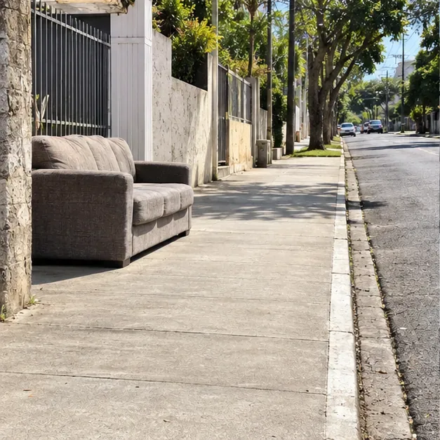 Sofá junto ao muro de uma residência e ampla faixa livre de calçada para pedestres