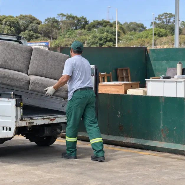 Sofá sendo descarregado de um veículo em uma área organizada para entrega de móveis volumosos