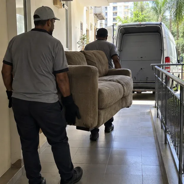Dois profissionais carregam um sofá usado por um corredor em direção a uma van sem identificação.