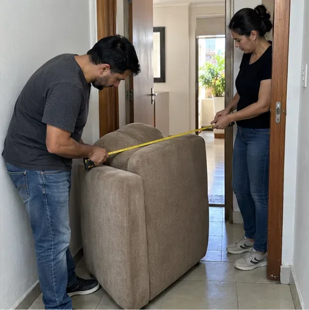 Duas pessoas medem a largura de um sofá perto de uma porta para conferir se ele passa pelo corredor.
