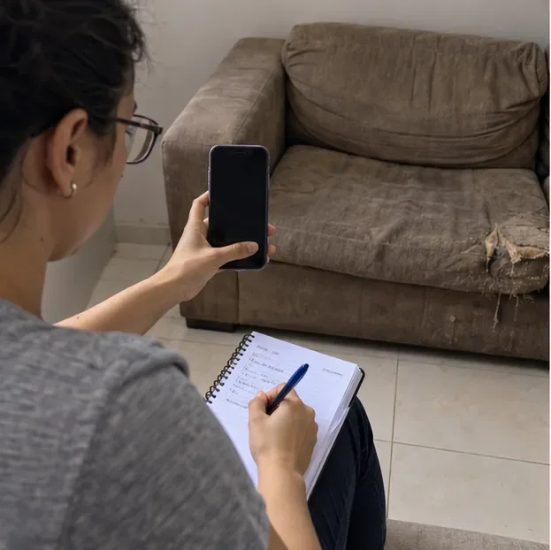 Moradora fotografa um sofá desgastado e anota informações em um caderno antes de pedir orientação sobre descarte.