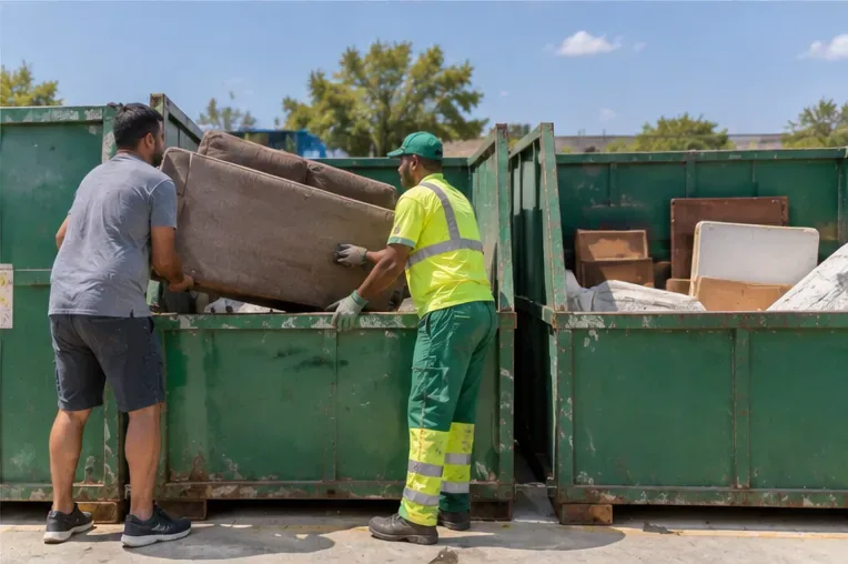 Morador e trabalhador de limpeza colocam um sofá marrom em uma caçamba verde destinada a materiais volumosos em um pátio de resíduos.