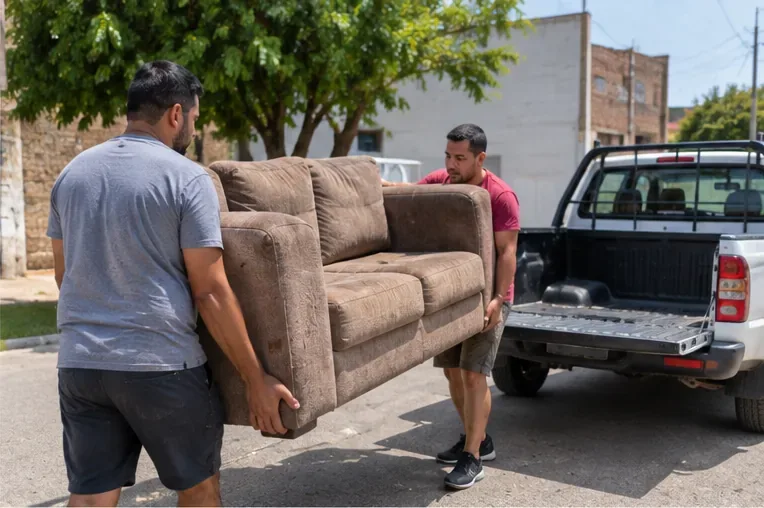 Dois homens carregam um sofá marrom em direção à caçamba aberta de uma caminhonete branca em uma rua ensolarada.