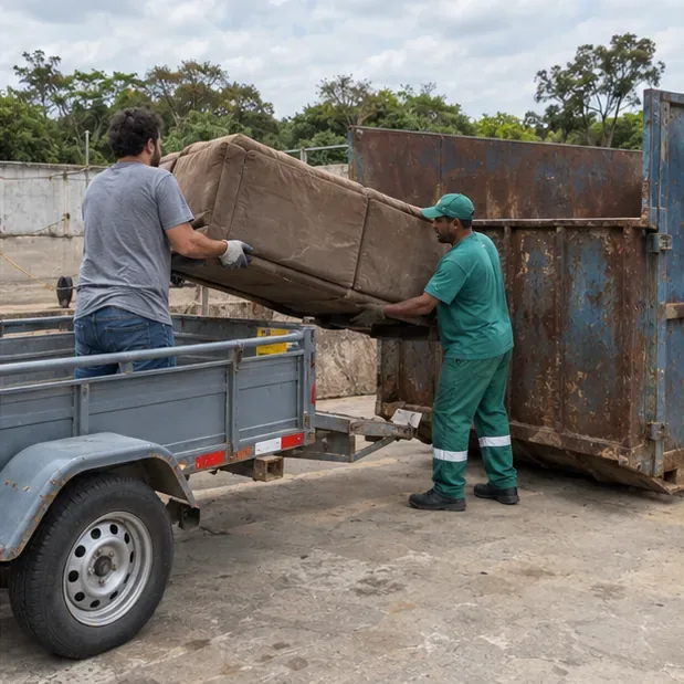 Dois trabalhadores descarregam um sofá de um pequeno reboque junto a uma caçamba em um ponto de recebimento de resíduos volumosos.
