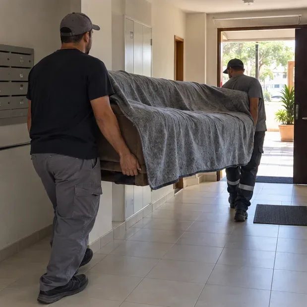 Dois carregadores transportam um sofá protegido por uma manta pelo corredor de um edifício residencial.